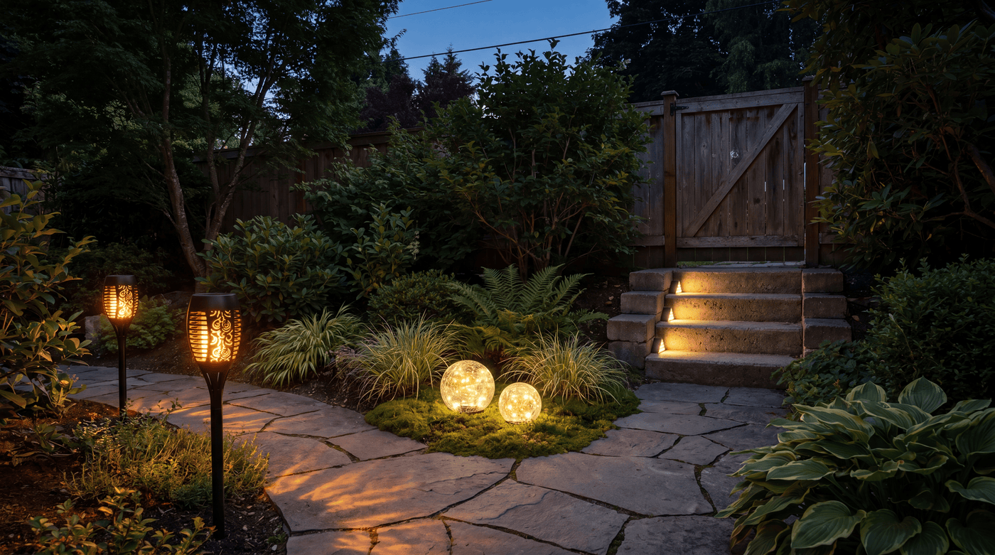 A fully illuminated Luxent backyard at blue hour with flame torches, garden orbs, and a starry lantern