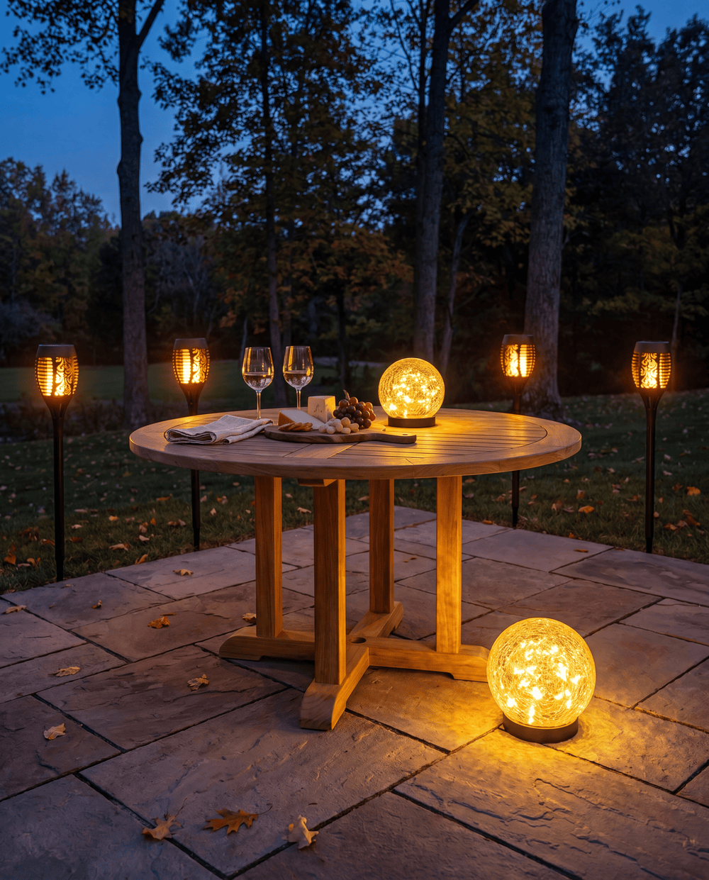 Luxent Hosting Set — 4 solar flame torches and 2 garden orbs arranged around a patio dinner table at dusk