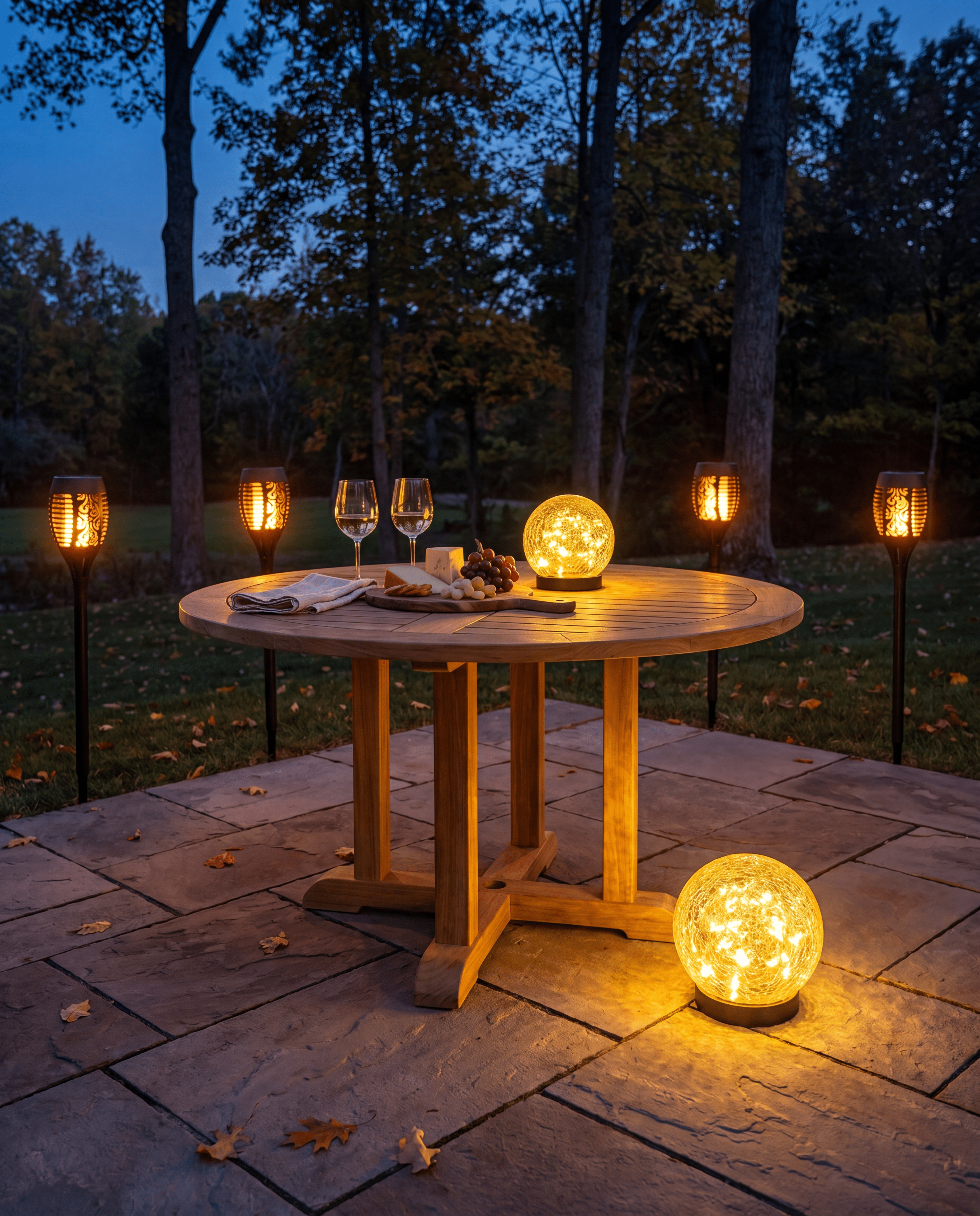 Luxent Hosting Set — 4 solar flame torches and 2 garden orbs arranged around a patio dinner table at dusk