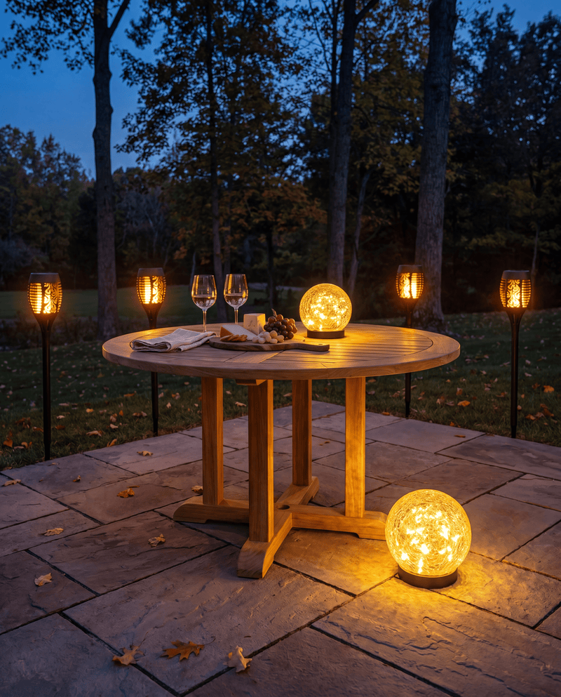 Luxent Hosting Set — 4 solar flame torches and 2 garden orbs arranged around a patio dinner table at dusk