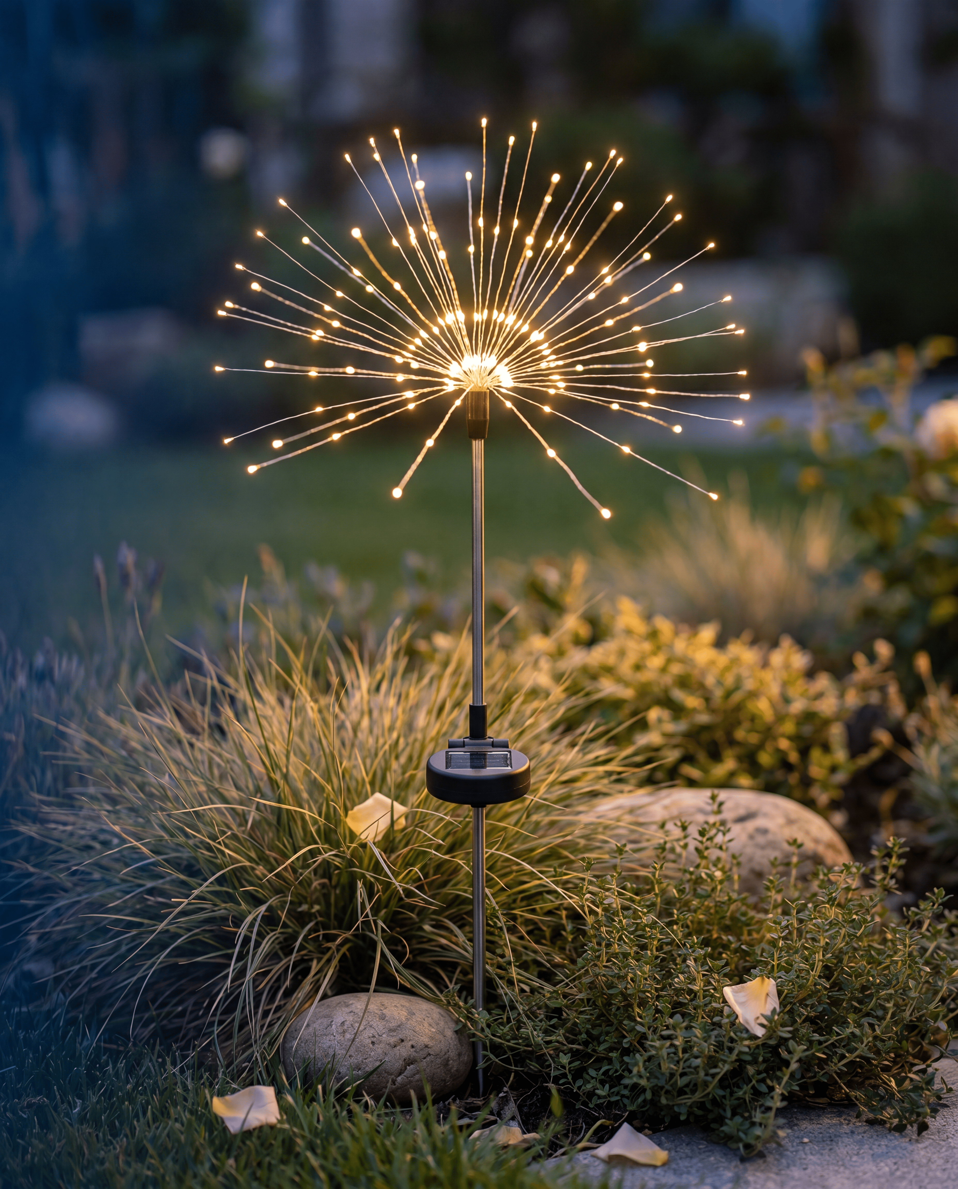 Luxent Spark solar firework burst garden light — radial starburst of warm filament strands in a backyard