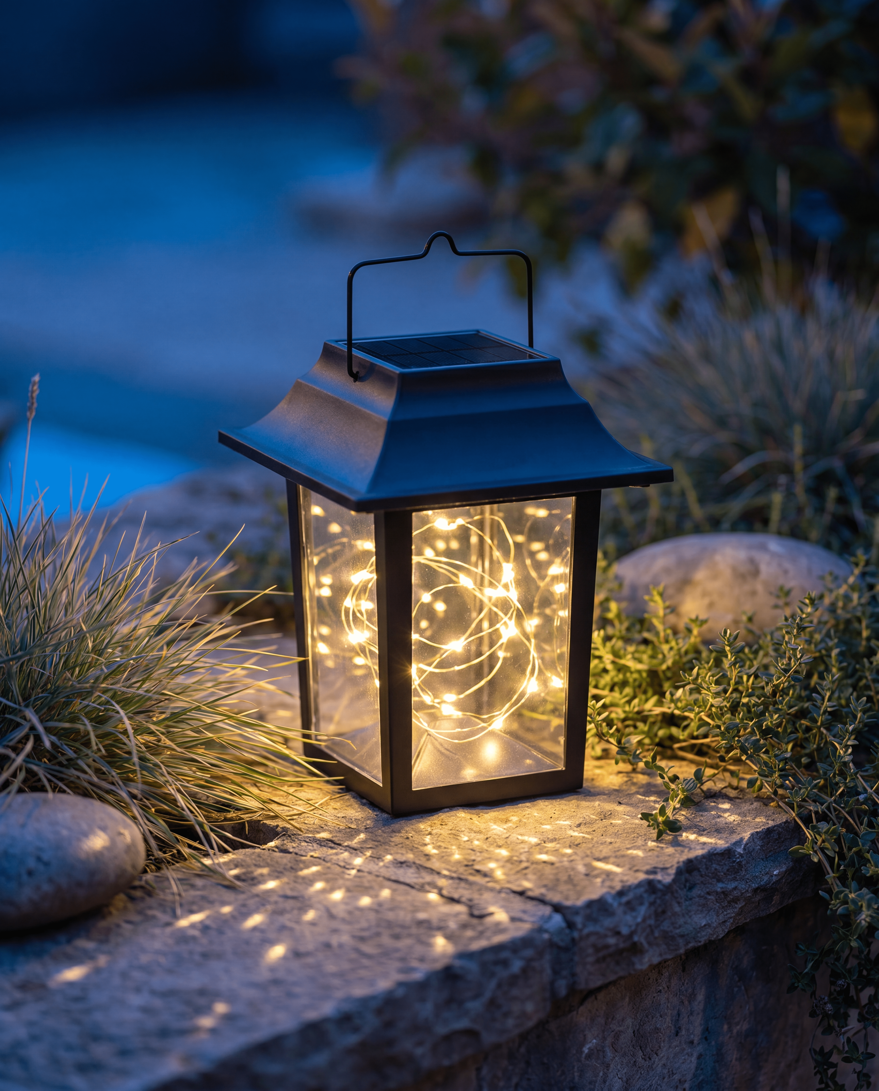 Luxent Galaxy solar lantern projecting a starry sky pattern across a garden patio at night