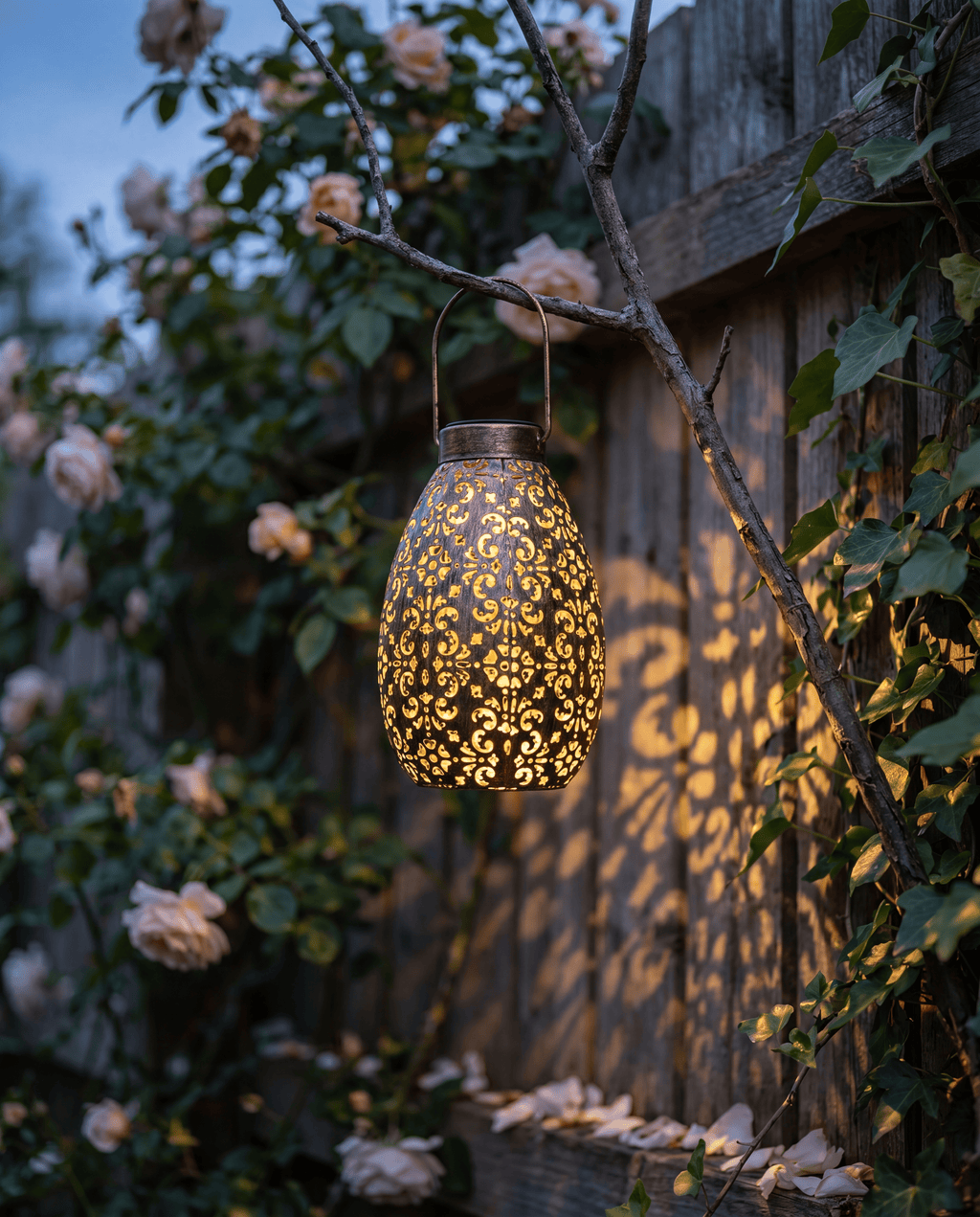 Luxent Droplet — wrought-iron solar hanging light with pierced cutouts casting starlit shadows in a garden