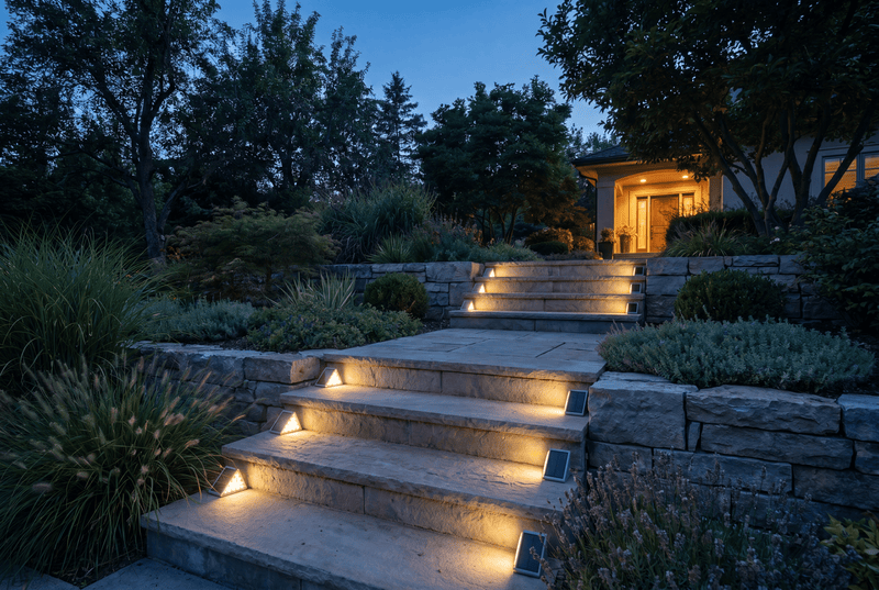 Luxent Stairlight — premium solar step light glowing warm amber along an outdoor staircase at dusk