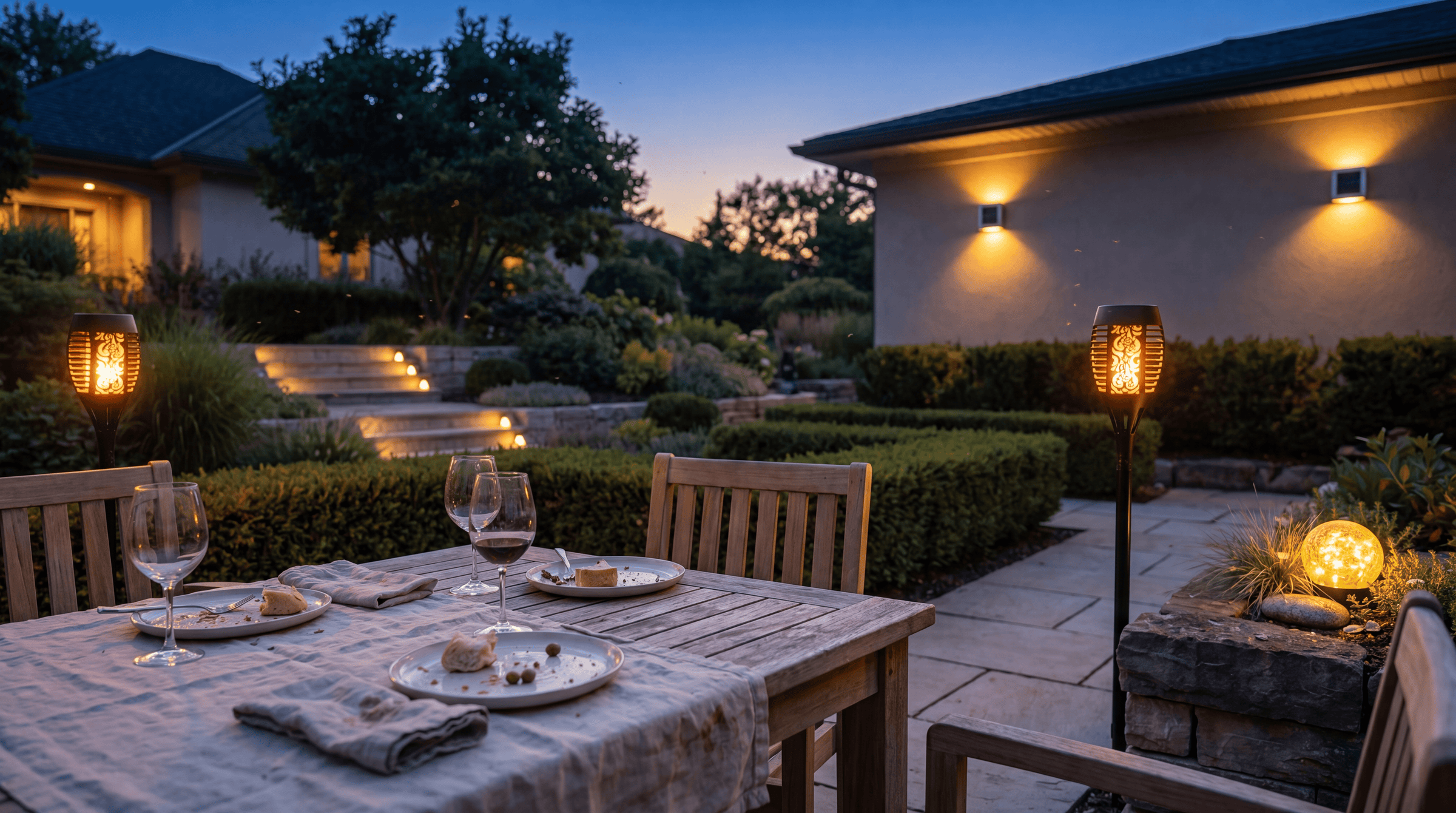 Luxent solar lights illuminating an outdoor patio at blue hour
