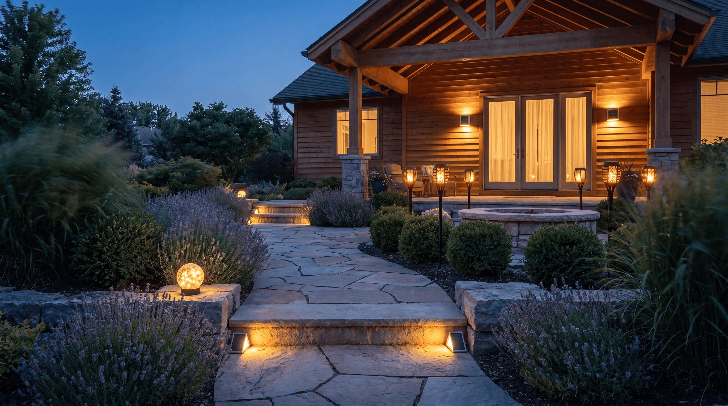 Luxent solar lighting ecosystem along a garden path at blue hour