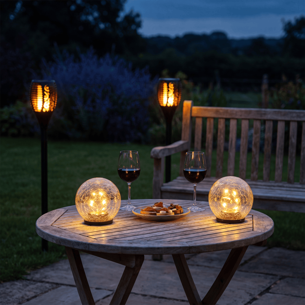 Luxent Flicker solar flame torches creating warm ambient lighting around a patio dinner table at dusk