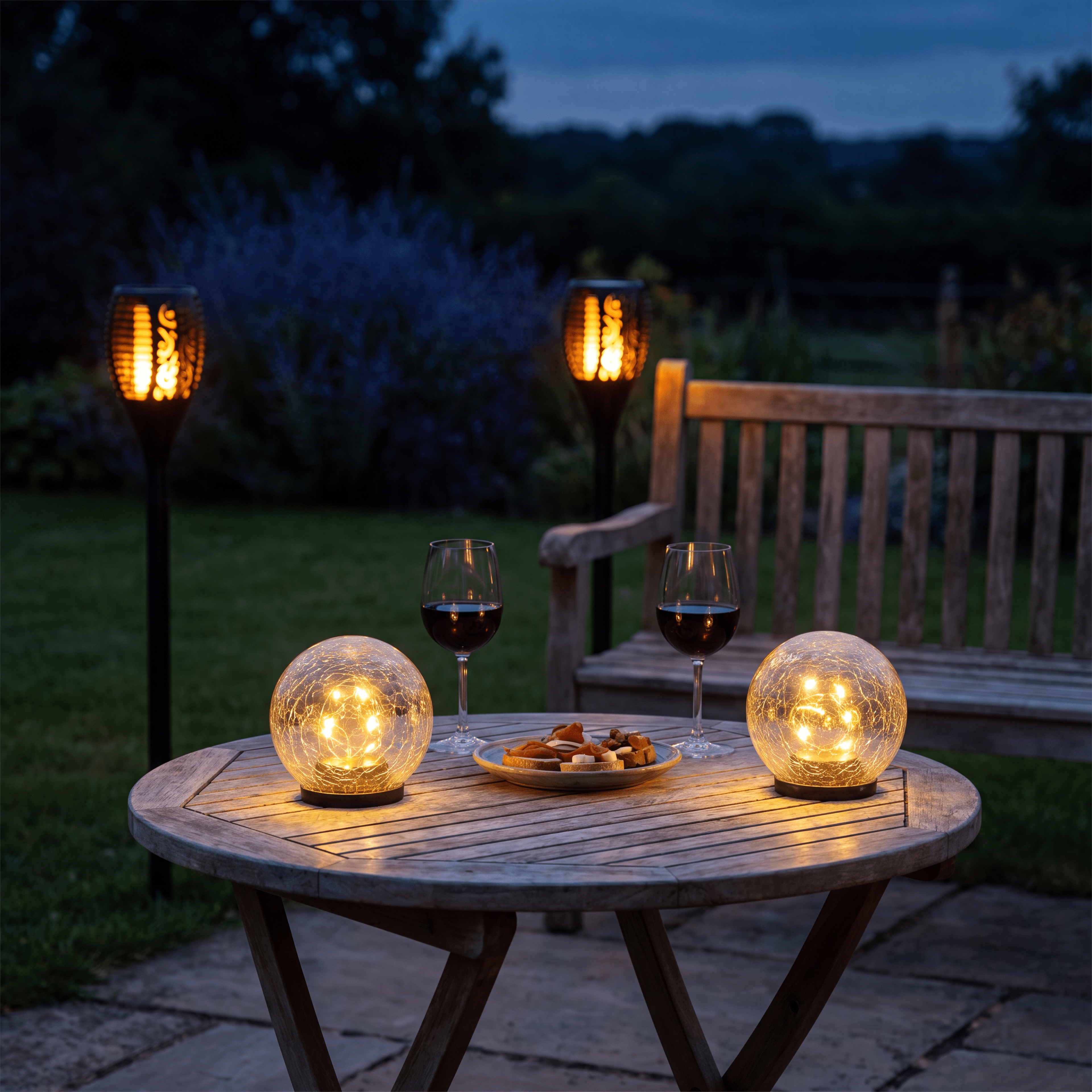 Luxent Flicker solar flame torches creating warm ambient lighting around a patio dinner table at dusk