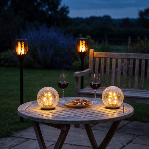 Luxent Flicker solar flame torches creating warm ambient lighting around a patio dinner table at dusk